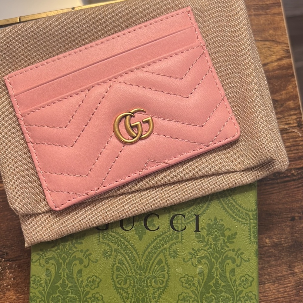 Pink Gucci GG Marmont card case box and dust bag included